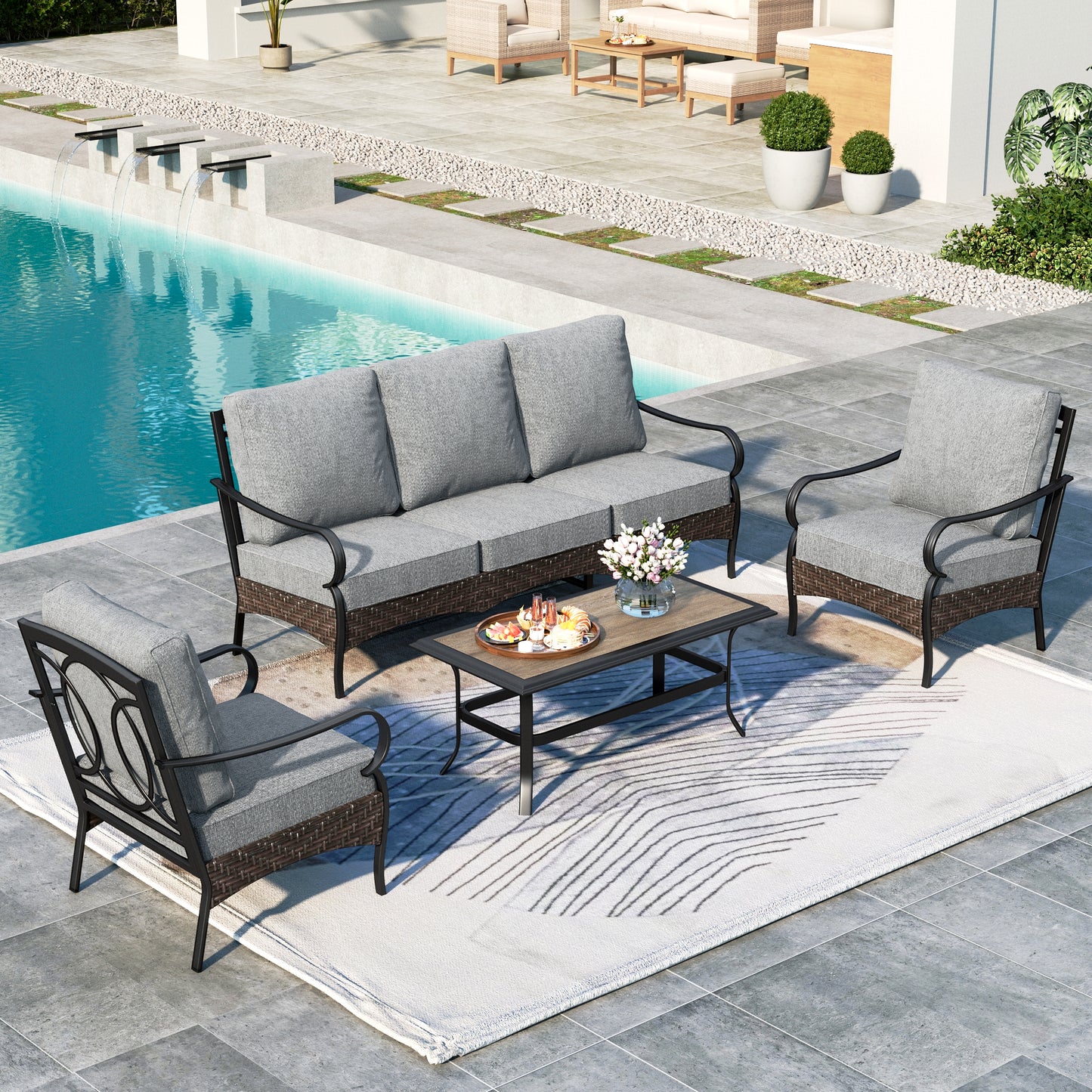 Summit Living 4-Piece Outdoor Patio Conversation Set with Wood-look Coffee Table, Outdoor Patio Furniture Set for 5 People, Gray