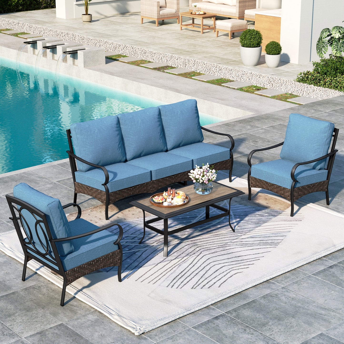 Summit Living 4-Piece Outdoor Patio Conversation Set with Wood-look Coffee Table, Outdoor Patio Furniture Set for 5 People, Navy Blue
