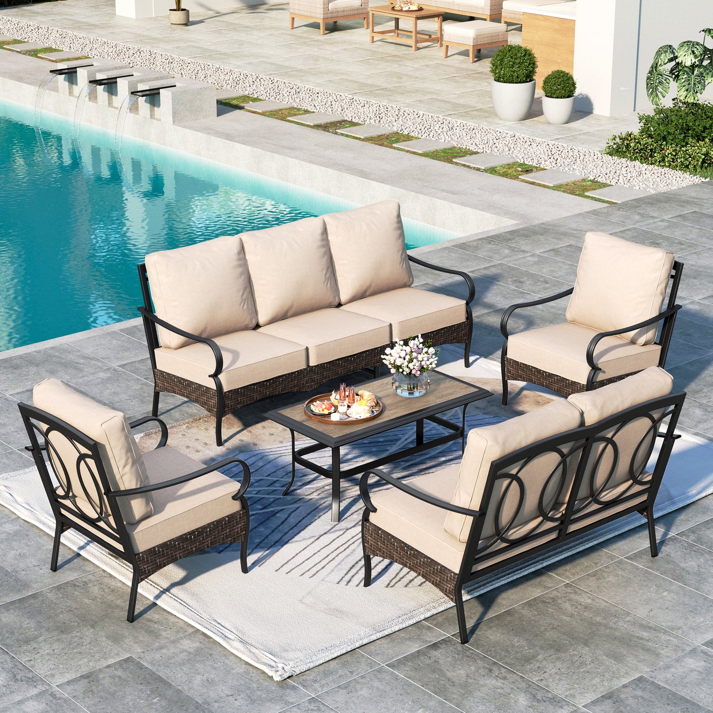 SUMMIT LIVING 7-Seat Outdoor Patio Furniture Set with 3-Seat Sofa, Love-Seat Sofa, 2 Club Chairs & Wood-Look Coffee Table, Black Steel Frame & Beige Cushion