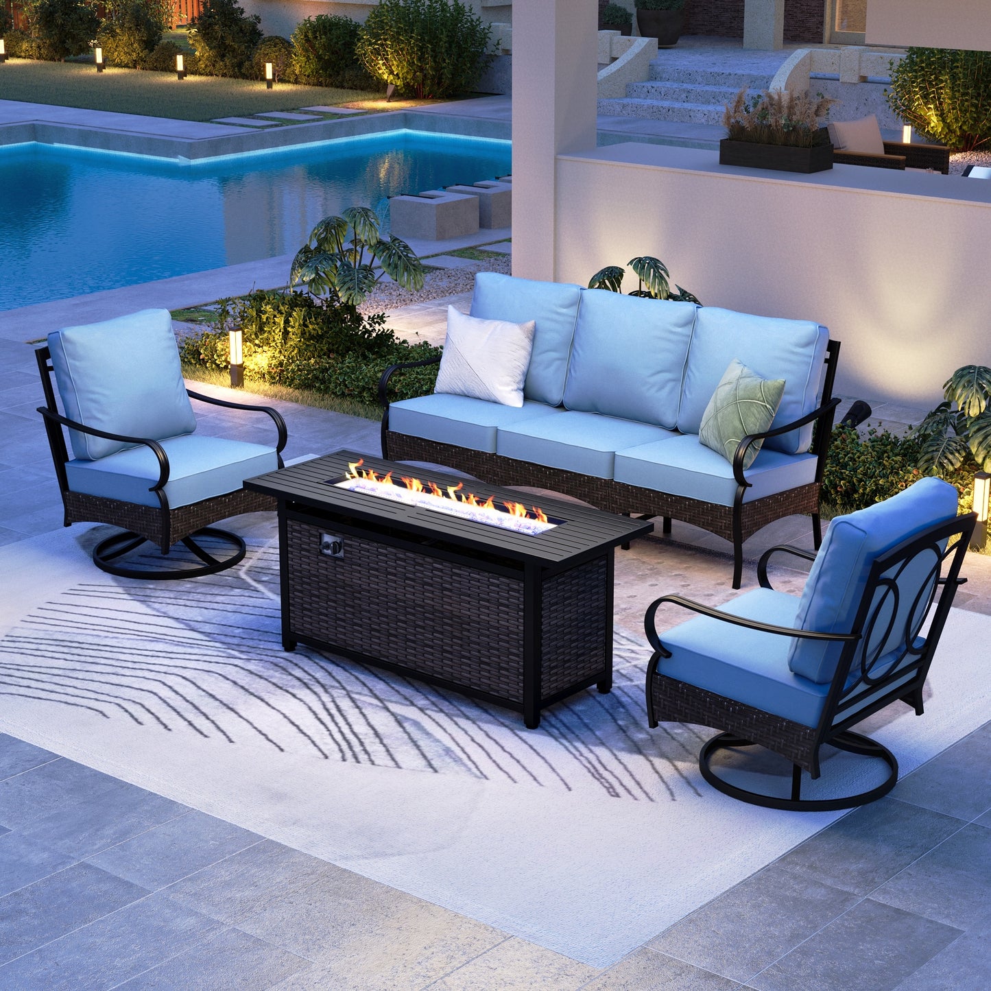SUMMIT LIVING 4-Piece Outdoor Patio Furniture Set with 57" Fire Pit Table, Outdoor Patio Conversation Set with Swivel Chairs for 5, Blue