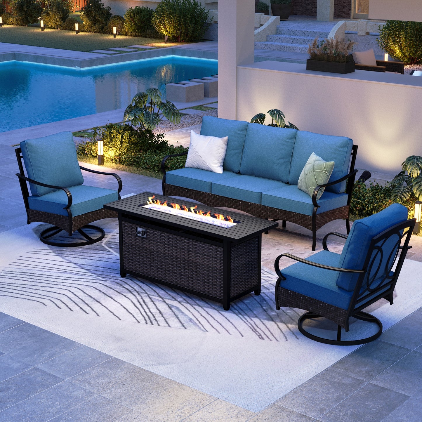 SUMMIT LIVING 4-Piece Outdoor Patio Furniture Set with 57" Fire Pit Table, Outdoor Patio Conversation Set with Swivel Chairs for 5, Navy Blue