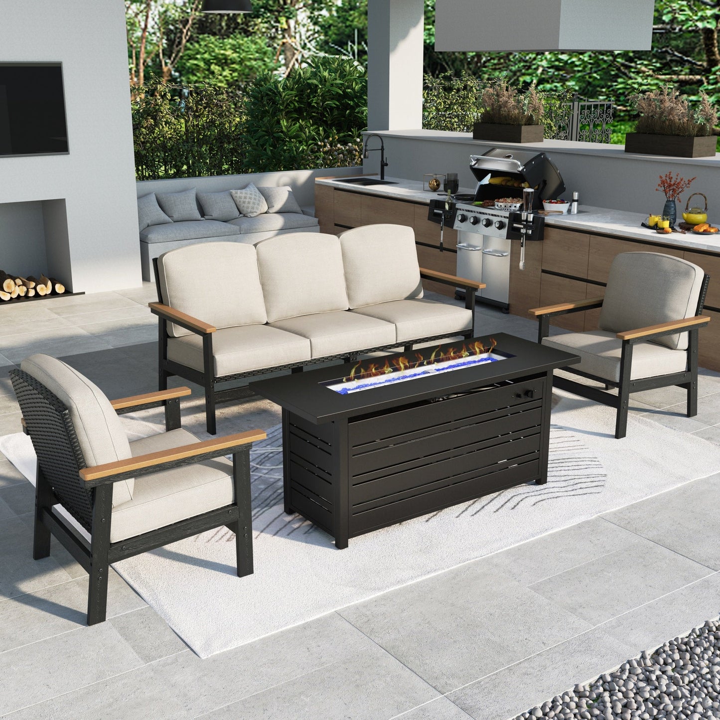 MF Studio HDPE Patio Furniture Set with Fire Pit, 4-Piece HDPE & Wicker Outdoor Conversation Set with 56" Fire Pit Table, Black