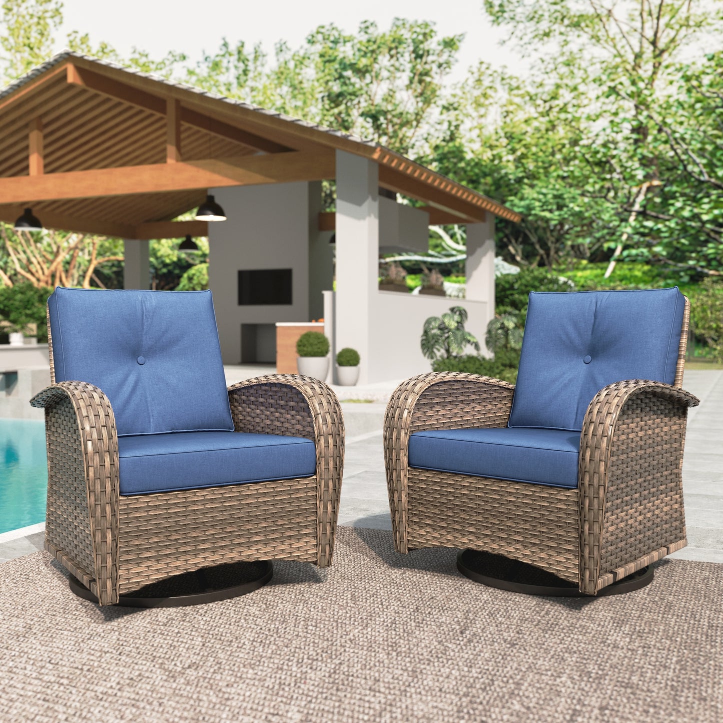 Summit Living Outdoor Patio Swivel Glider Rocking Chair Set of 2, All Weather Wicker Outdoor Conversation Furniture Set, 2-Piece Outdoor Sofa, Navy Blue