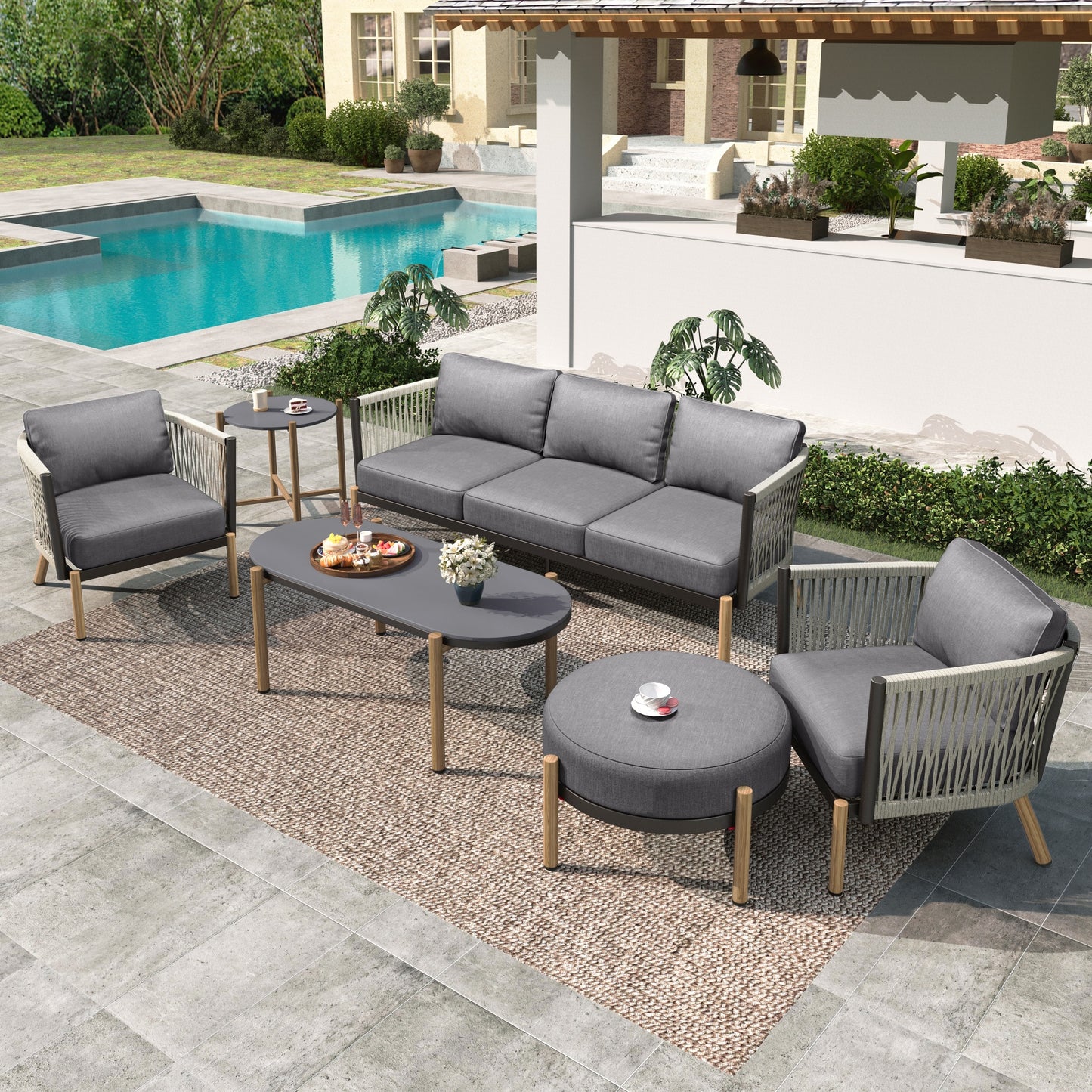 Summit Living 6-Seat Woven Rope Outdoor Patio Conversation Set with Ottoman, 3-Seat Sofa, 2 Sofa Chairs & 2 Concrete Top Coffee Table(Round & Oval), Wood-Grain Outdoor Patio Furniture Set for 6
