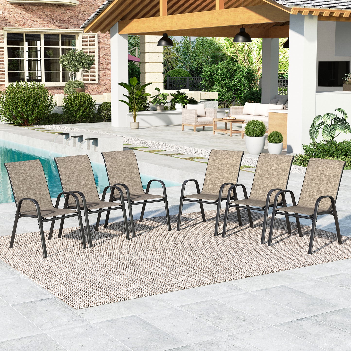 SUMMIT LIVING 6-Piece Textilene Patio Dining Chairs for All Weather, Heavy Duty Outdoor Stackable Chairs, Grayish-brown