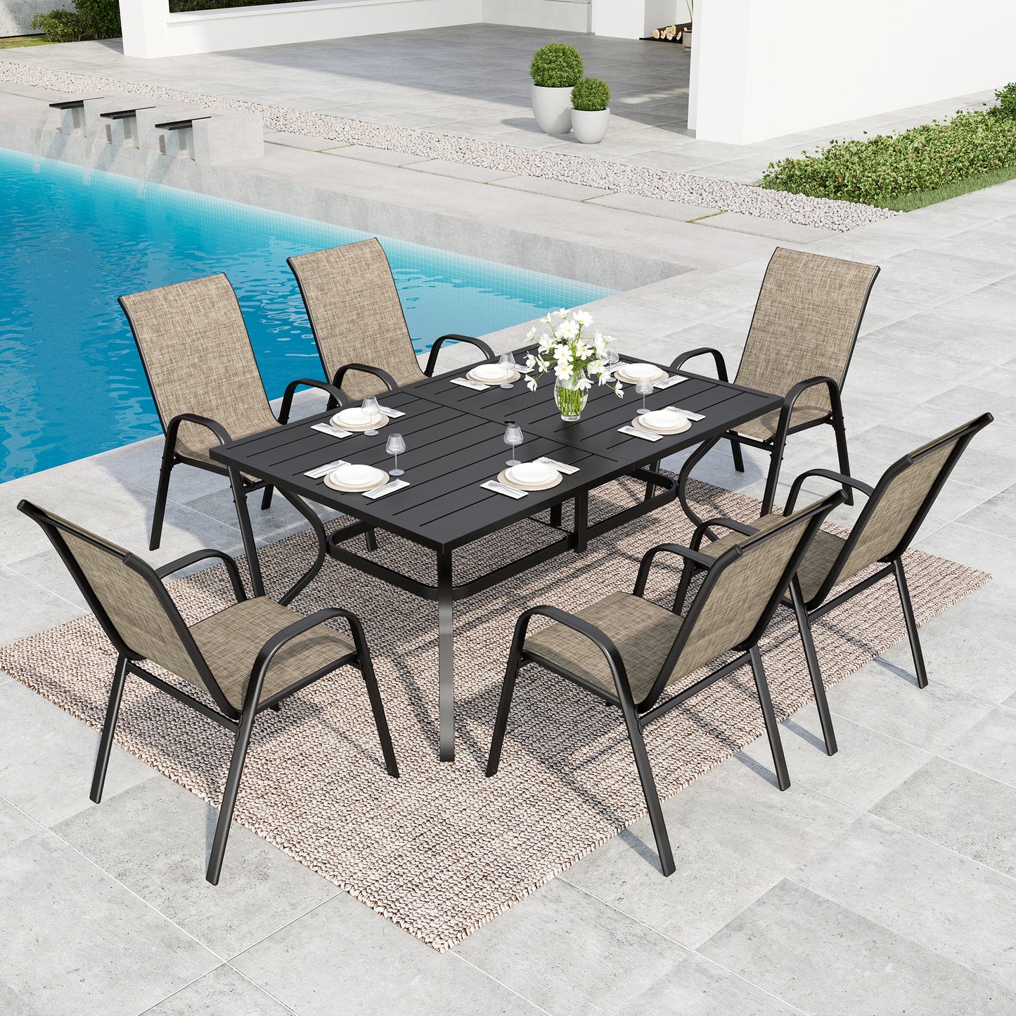SUMMIT LIVING 9-Piece Outdoor Patio Dining Set, 8 Stackable Textilene Chairs (Weight Capacity 350 lbs) and Metal Steel Table with Umbrella Hole, Black & Grayish-brown