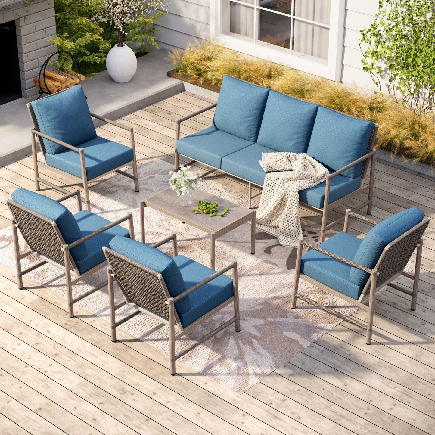MF Studio 6-Piece Outdoor Patio Furniture Set with Wicker High-Back Sofa, Wood-Grain Metal Outdoor Conversation Set for 7, Blue