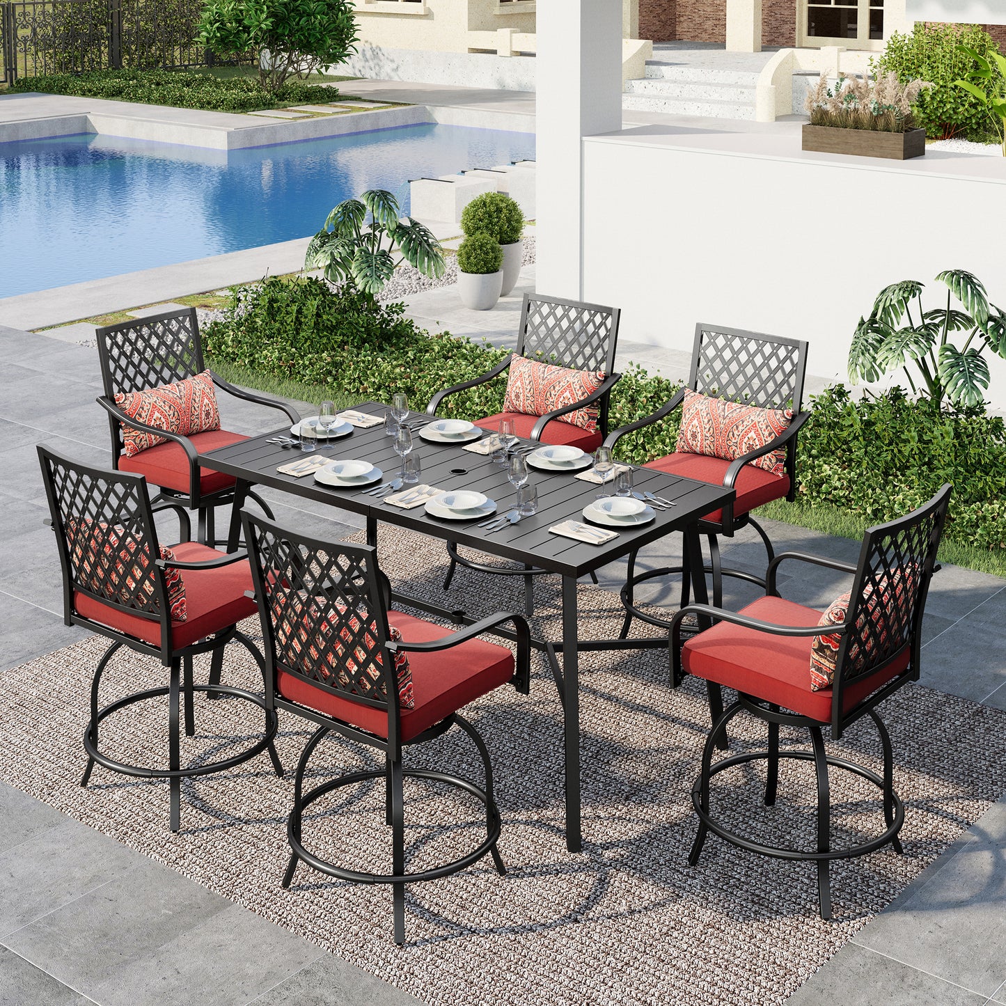 Summit-Living-7-Piece-Outdoor-Patio-Swivel-Bar-Stool-Table-Set-6-Height-Chairs-with-Seat-and-Back-Cushions-and-Bar-Table-with-Umbrella-Hole-Black-Red