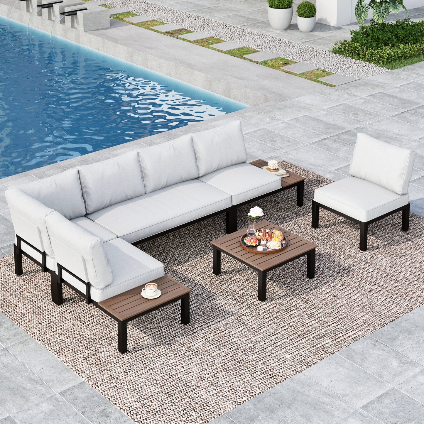 SUMMIT LIVING 6-Piece Outdoor Patio Furniture Set, 6-Seat Metal Outdoor Patio Sectional Sofa Set with Acacia Wood Side Table & Square Coffee Table, Light Gray