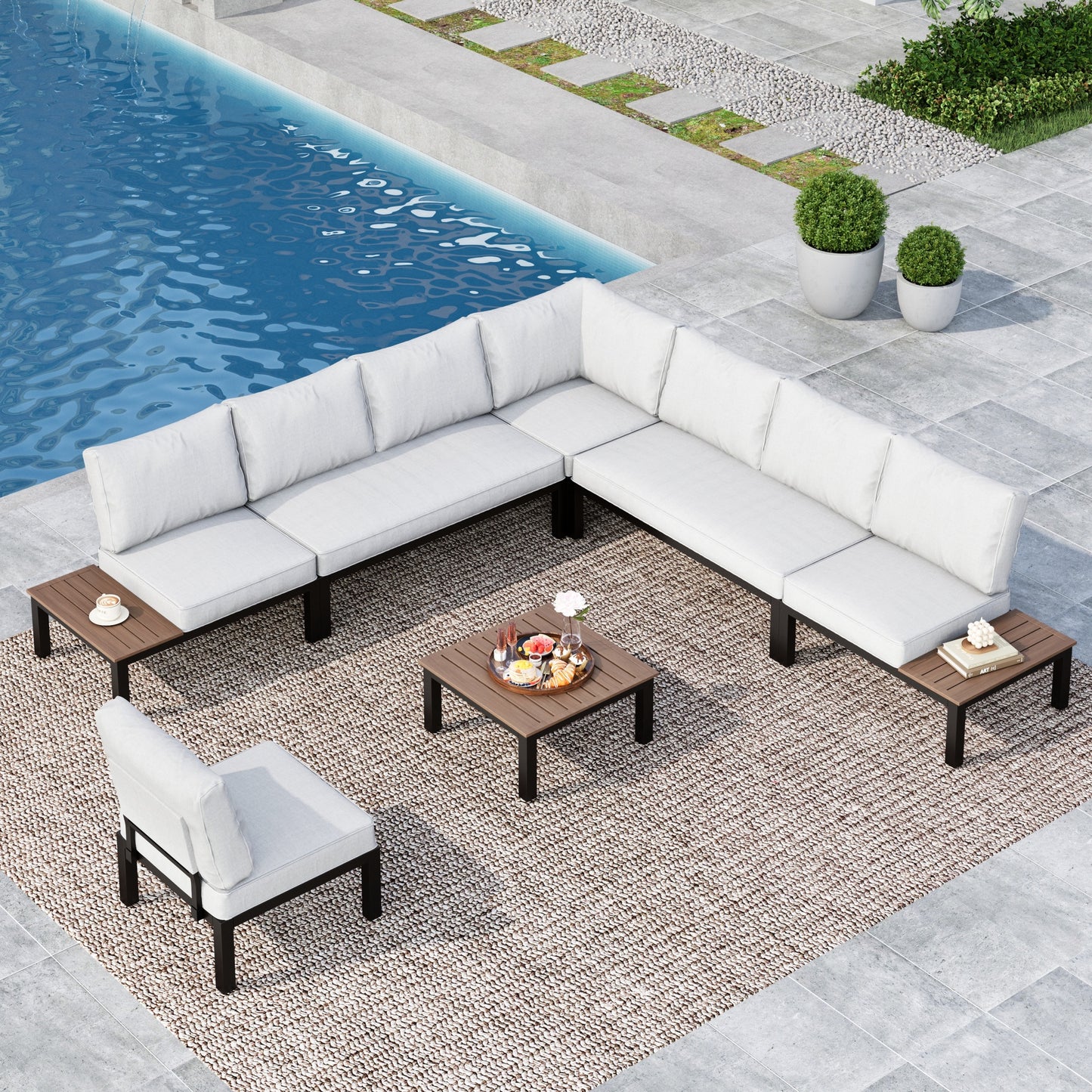 MF Studio 8-Seat Outdoor Patio Furniture Set, Outdoor Sectional Conversation Set with Full Set Cushions & Wood Coffee Table, Black & Light Gray