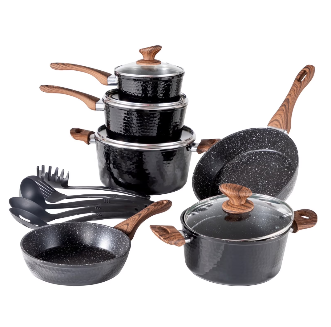 MF Studio 15 Pieces Cookware Set Granite Nonstick Pots and Pans Dishwasher Safe Black