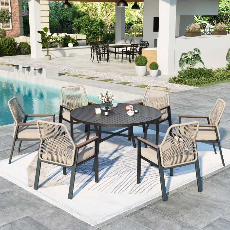 MF Studio 7-Piece Outdoor Dining Set with Cushioned Rattan Chairs and Large Round Table for 6-Person, Black and Beige