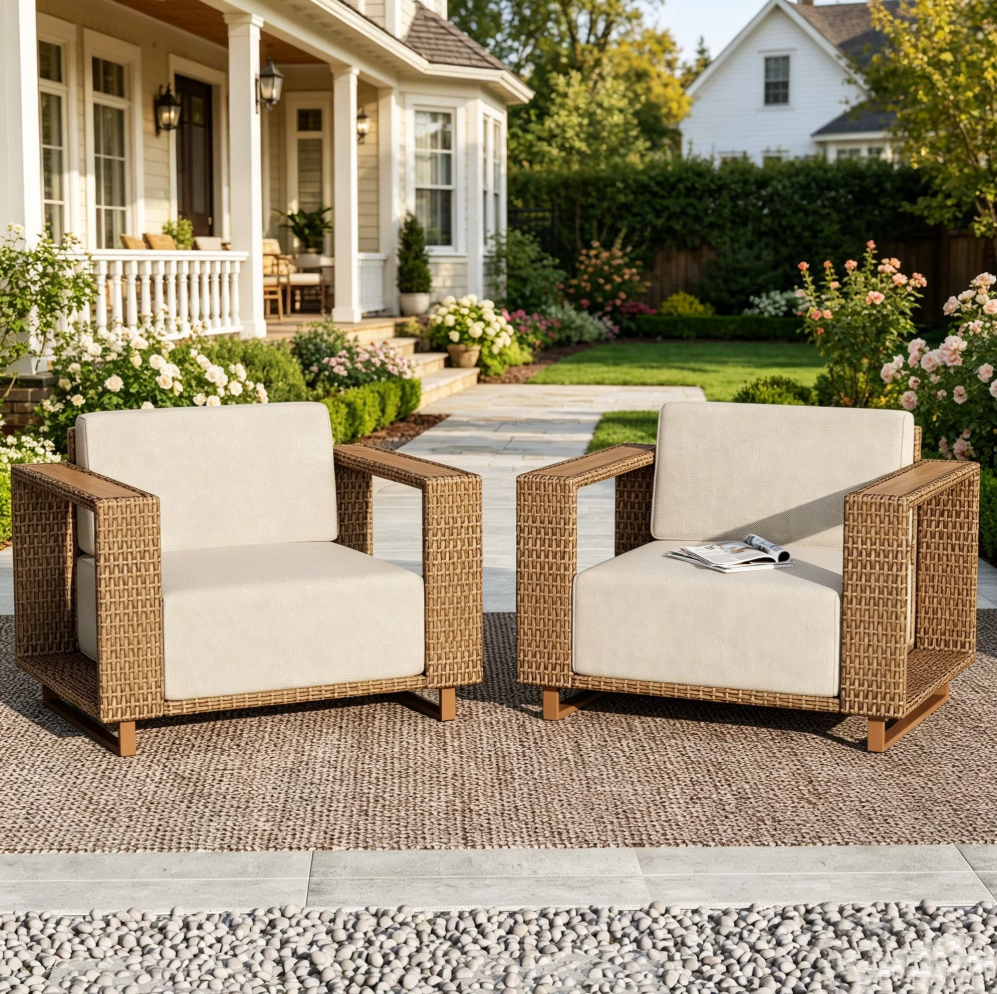 SUMMIT LIVING 2-Piece Patio Sofa, All-Weather Wicker Patio Chair with Wide Armrests & Ultra Thick 9.8" Seat Cushions for Yard & Garden, Beige