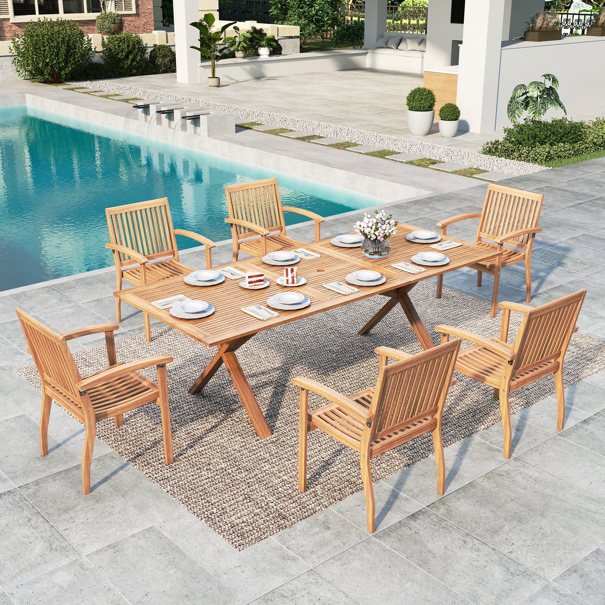SUMMIT LIVING 7-Piece Acacia Wood Outdoor Patio Dining Set with 6 Wood ...