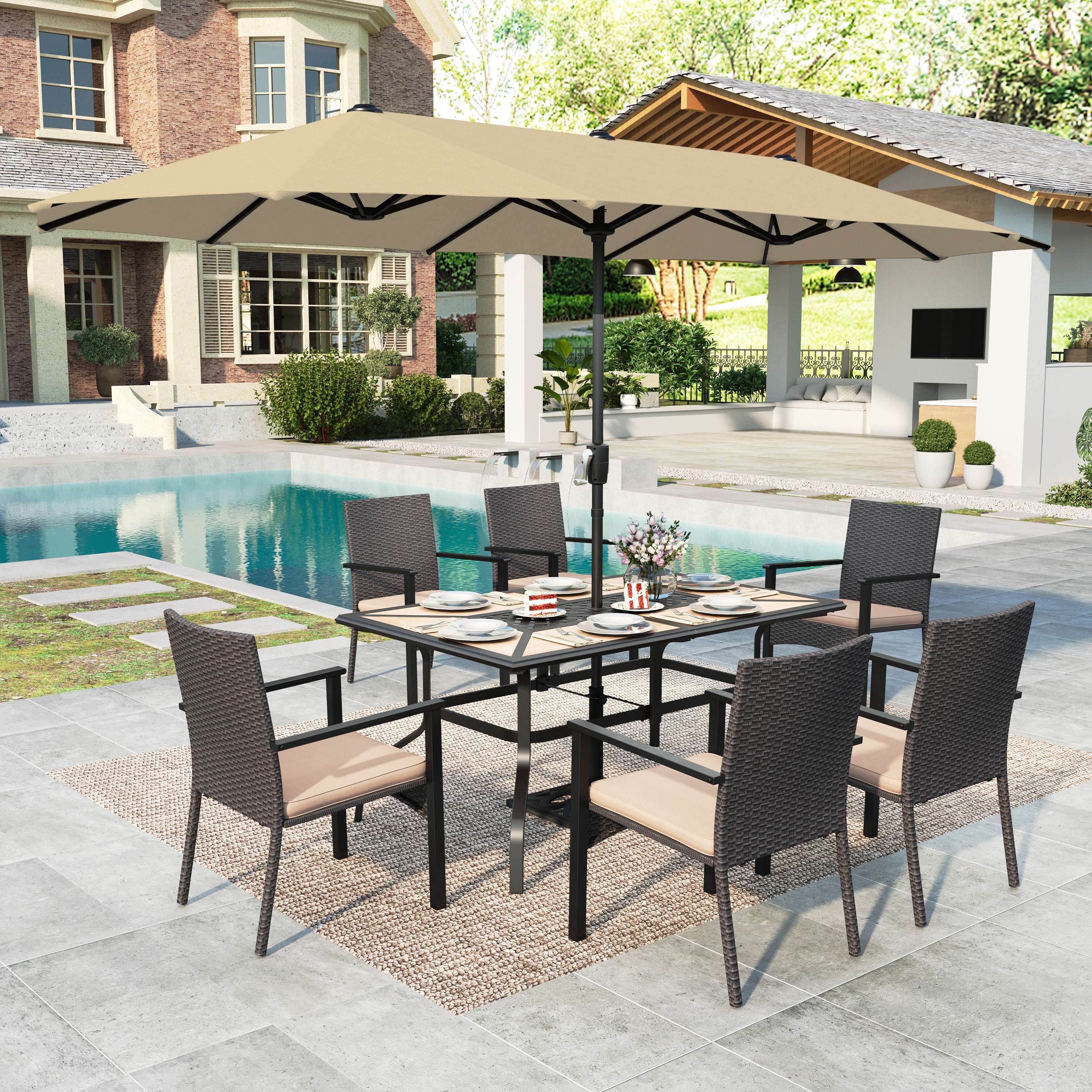 Summit Living 8-Piece Outdoor Patio Set with 13ft Beige Patio Umbrella