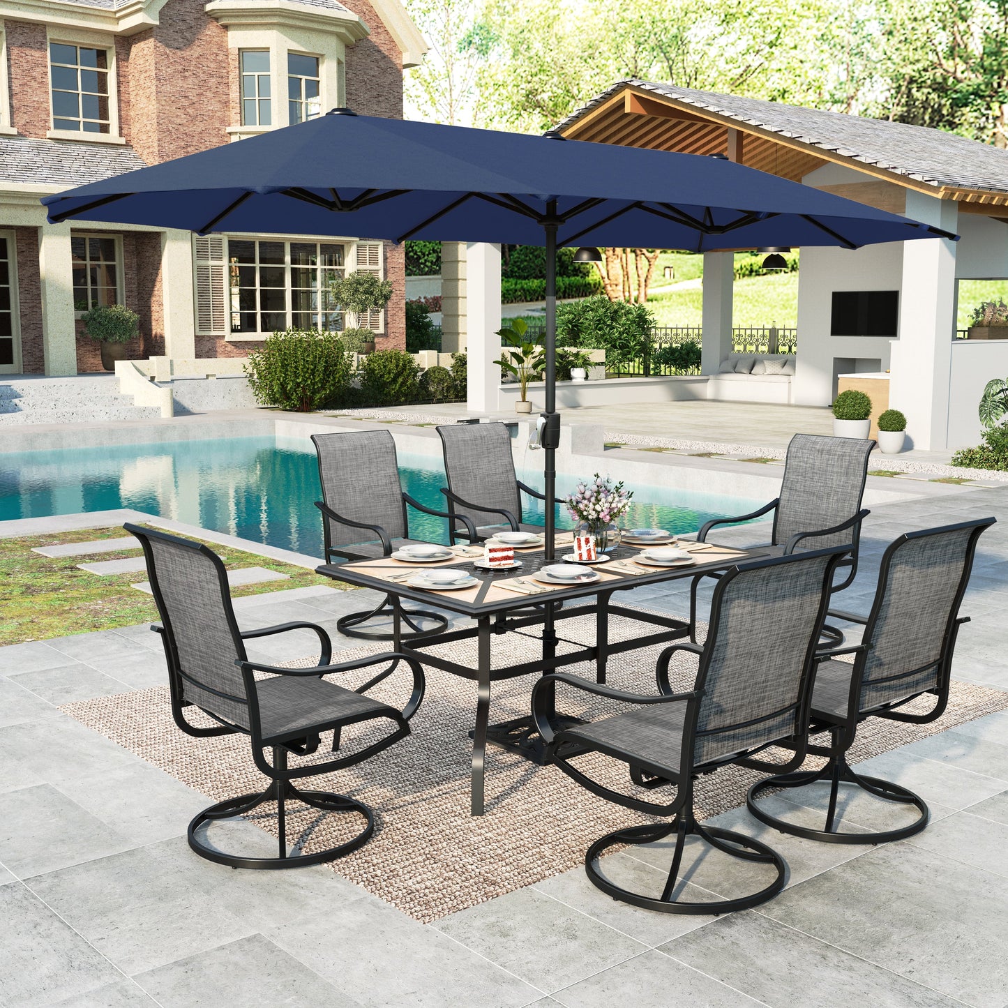 Summit Living 8-Piece Outdoor Patio Dining Set with 13ft Navy Blue Patio Umbrella, Swivel Textilene Chair & Wood-like Top Table, Black & Brown-gray