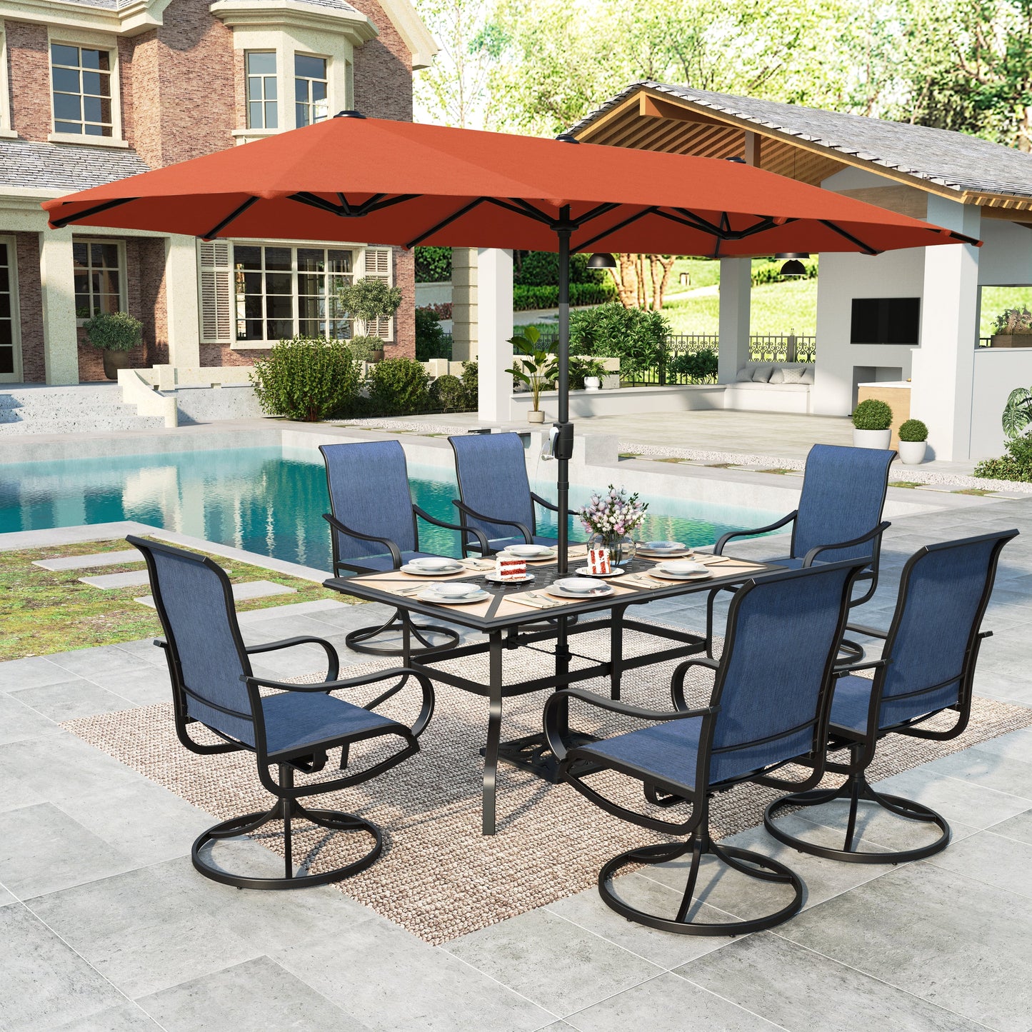 Summit Living 8-Piece Outdoor Patio Dining Set with 13ft Red Patio Umbrella, Swivel Textilene Chair & Wood-like Top Table, Black & Blue