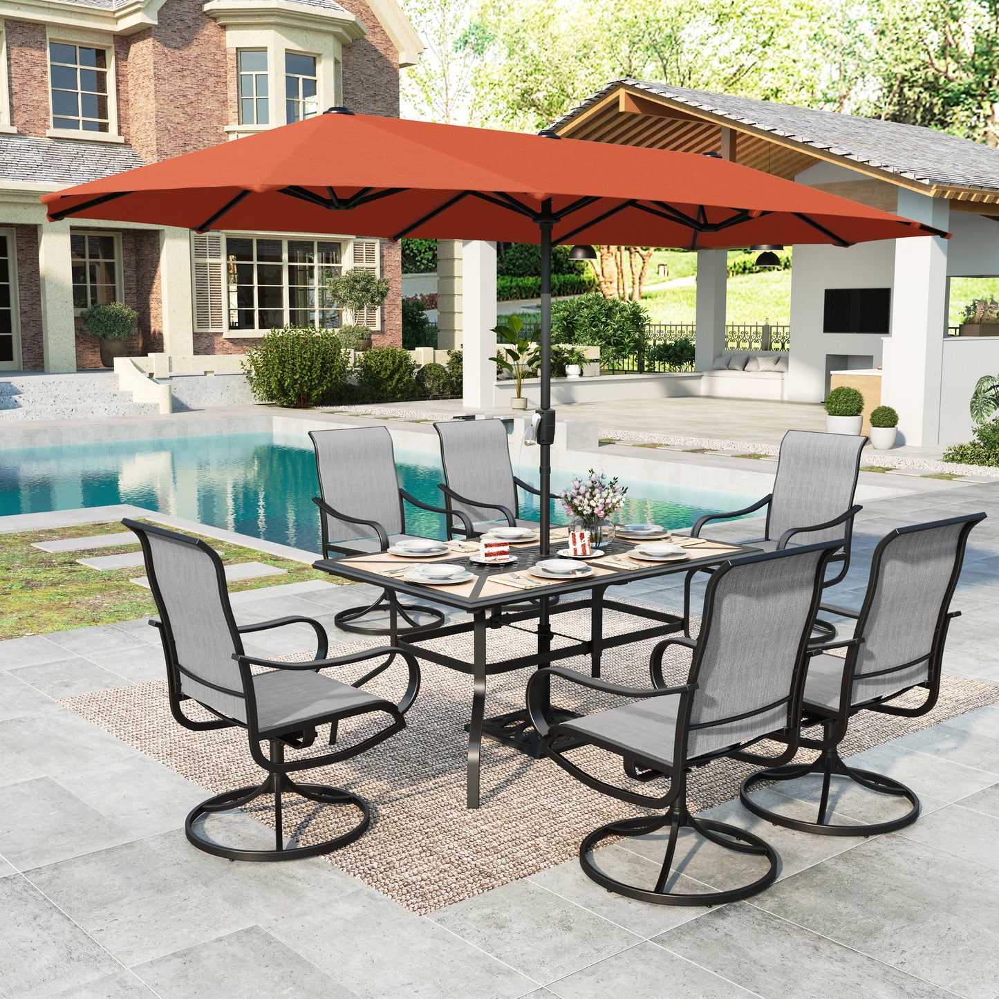 Summit Living 8-Piece Outdoor Patio Dining Set with 13ft Red Patio Umbrella, Swivel Textilene Chair & Wood-like Tabletop with Umbrella Hole, Black & Light-gray