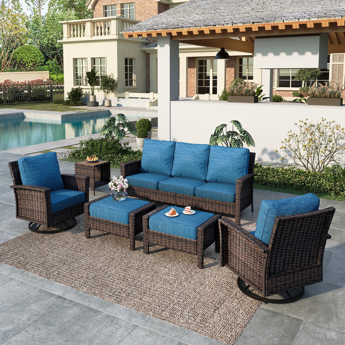 Summit-Living-7-Seat-Wicker-Patio-Furniture-Set-with-2-Swivel- Chairs-3-Seat-Sofa-with-2-Ottoman-1-Coffee-Table-Outdoor- Sectional-Conversation-Set-for-Garden-Peacock-blue