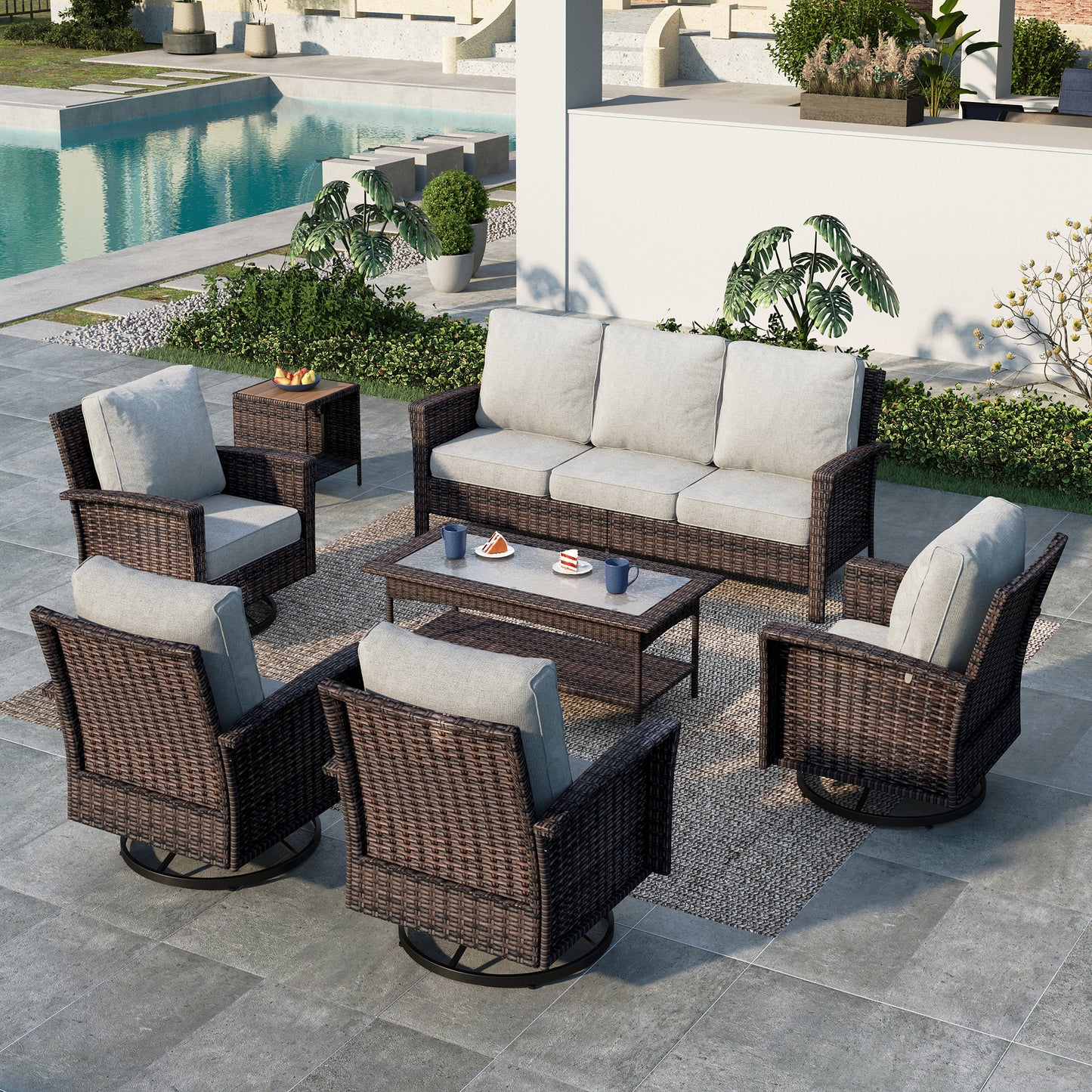 Summit-Living-7-Seat-Wicker-Patio-Furniture-Set-with-4-Swivel- Chairs-3-Seat-Sofa-with-2-Coffee-Table-Outdoor-Sectional- Conversation-Set-Light-gray
