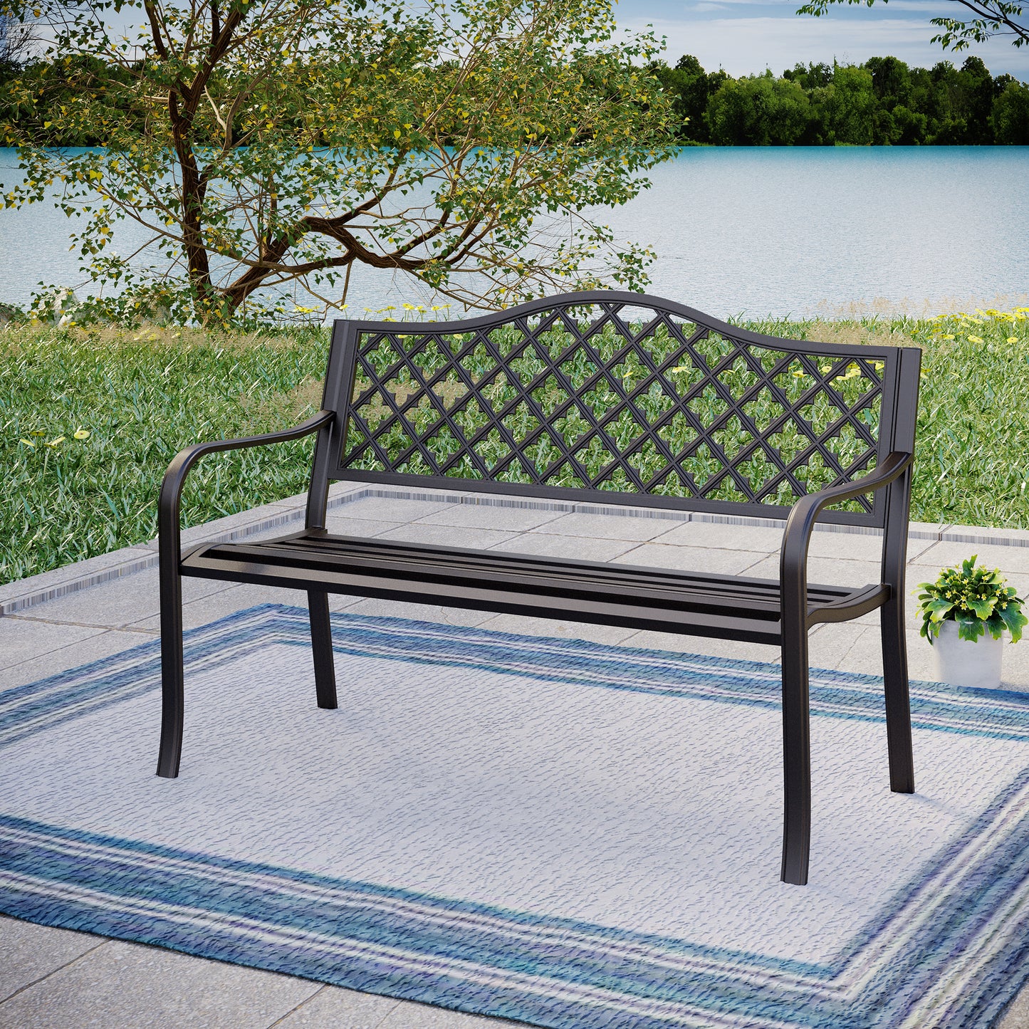 Summit-Living-50-inches-Outdoor-Garden-Bench-Chairs- Metal-Frame-Patio-Park-Bench-with-Armrest-for-Porch-Lawn-Yard-Black