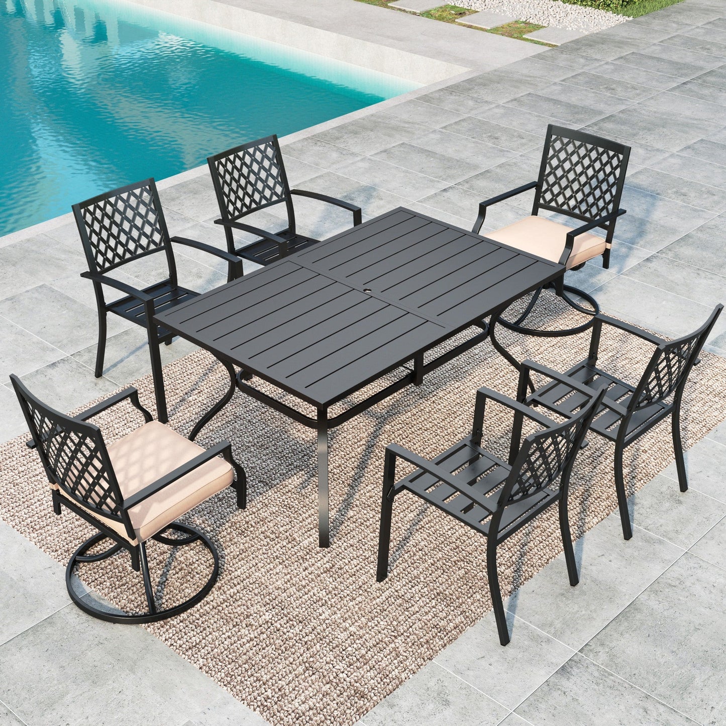 MF Studio 7-Piece Outdoor Dining Set with 2 Swivel Padded Chairs, 4 Stacking Chairs & 6-Person Table with Umbrella Hole, Black & Beige