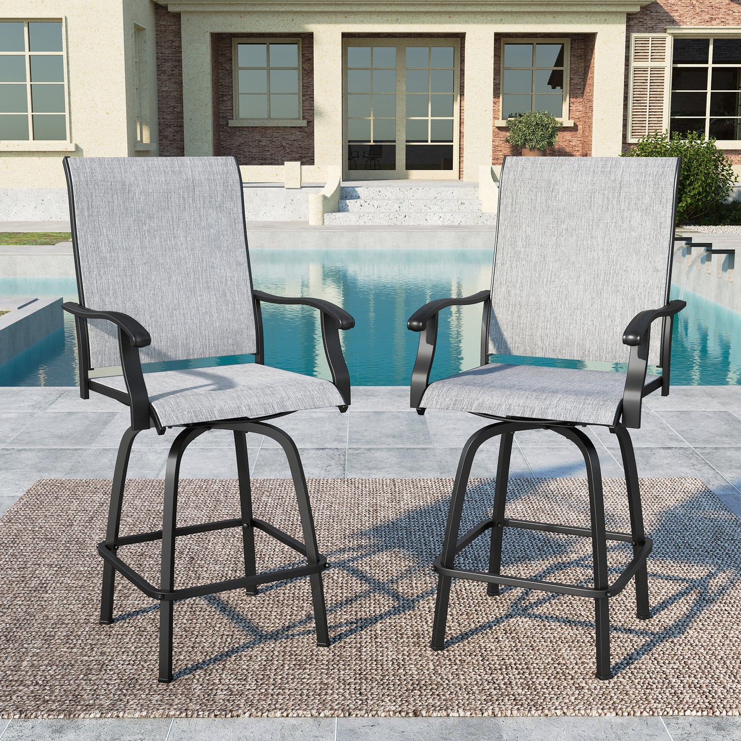 SUMMIT LIVING 2 Piece Outdoor Swivel Bar Stools Patio Metal Frame Counter Height Chairs with Quick Dry Textilene Black Gray