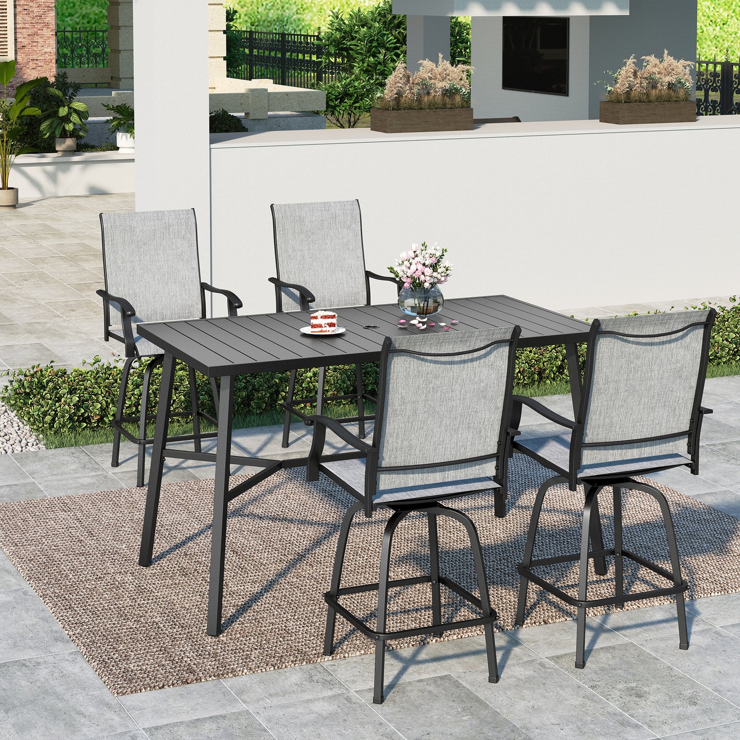 SUMMIT LIVING 5 Piece Outdoor Swivel Bar Stool Set with Table 4 Patio Counter Height Textilene Chairs and 1 Metal Bar Table Black Gray