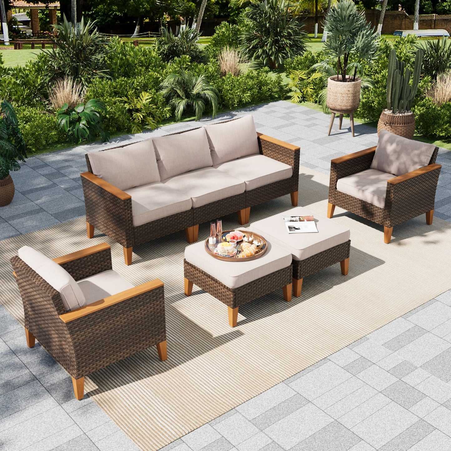MF Studio 7 Piece Outdoor Patio Conversation Set Outdoor Furniture Sectional Wicker Sofa Set with Beige Cushions