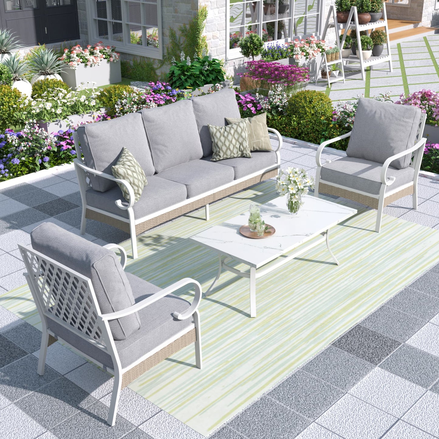 MF Studio 5-Seater Patio Conversation Set Metal Outdoor Furniture with Rocking Chair Sofa Gray