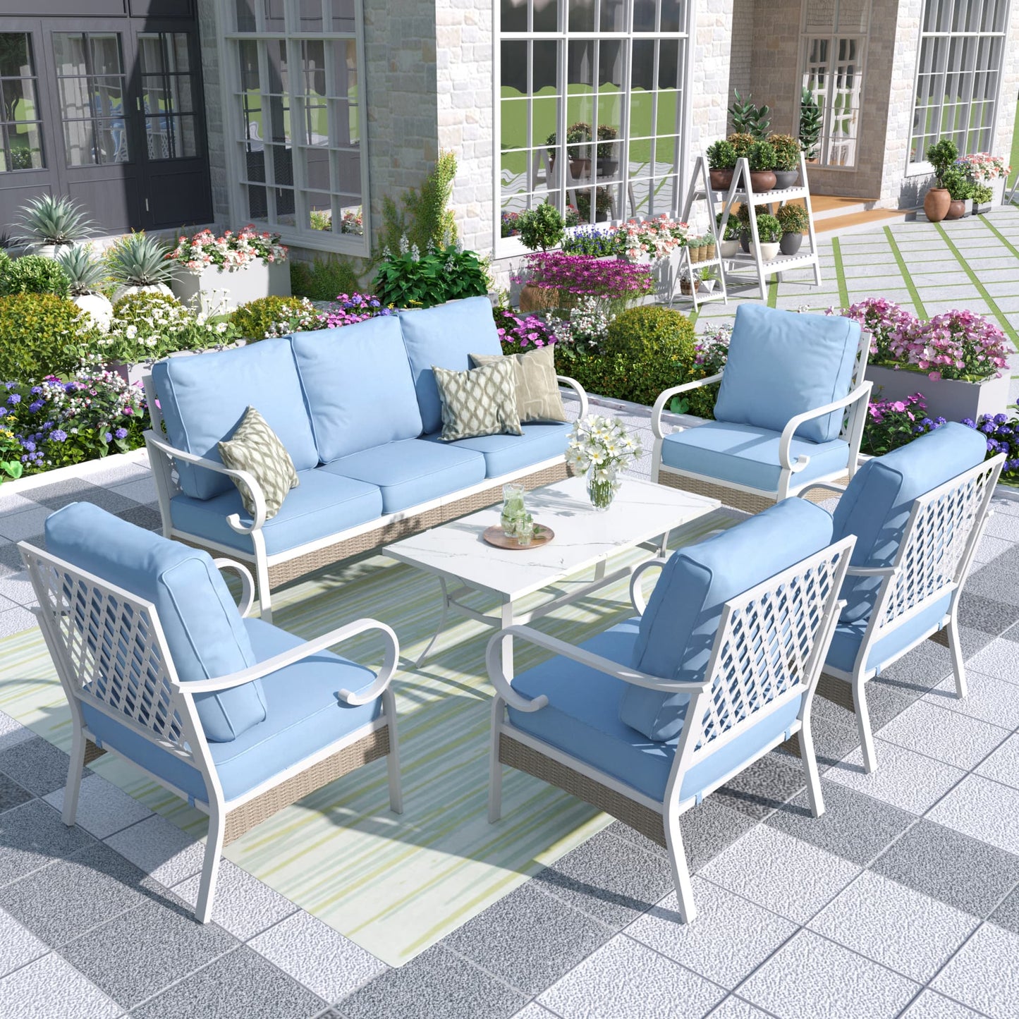 MF Studio 7-Seater Patio Conversation Set Metal Outdoor Furniture with Fixed Chair Sofa Blue