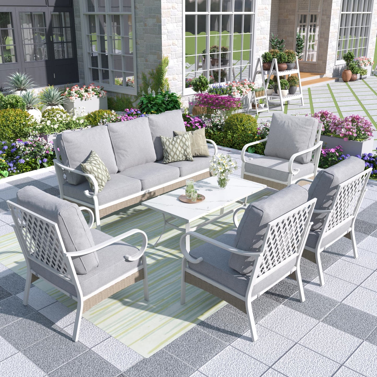 MF Studio 7 Seater Patio Conversation Set Metal Outdoor Furniture with Fixed Chair Sofa Gray Sectional Sofa Set
