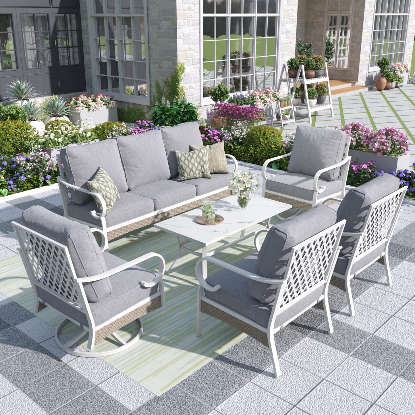 MF Studio 7 Seater Patio Conversation Set Metal Outdoor Furniture with Swivel Chair Sofa Gray Sectional Sofa Set