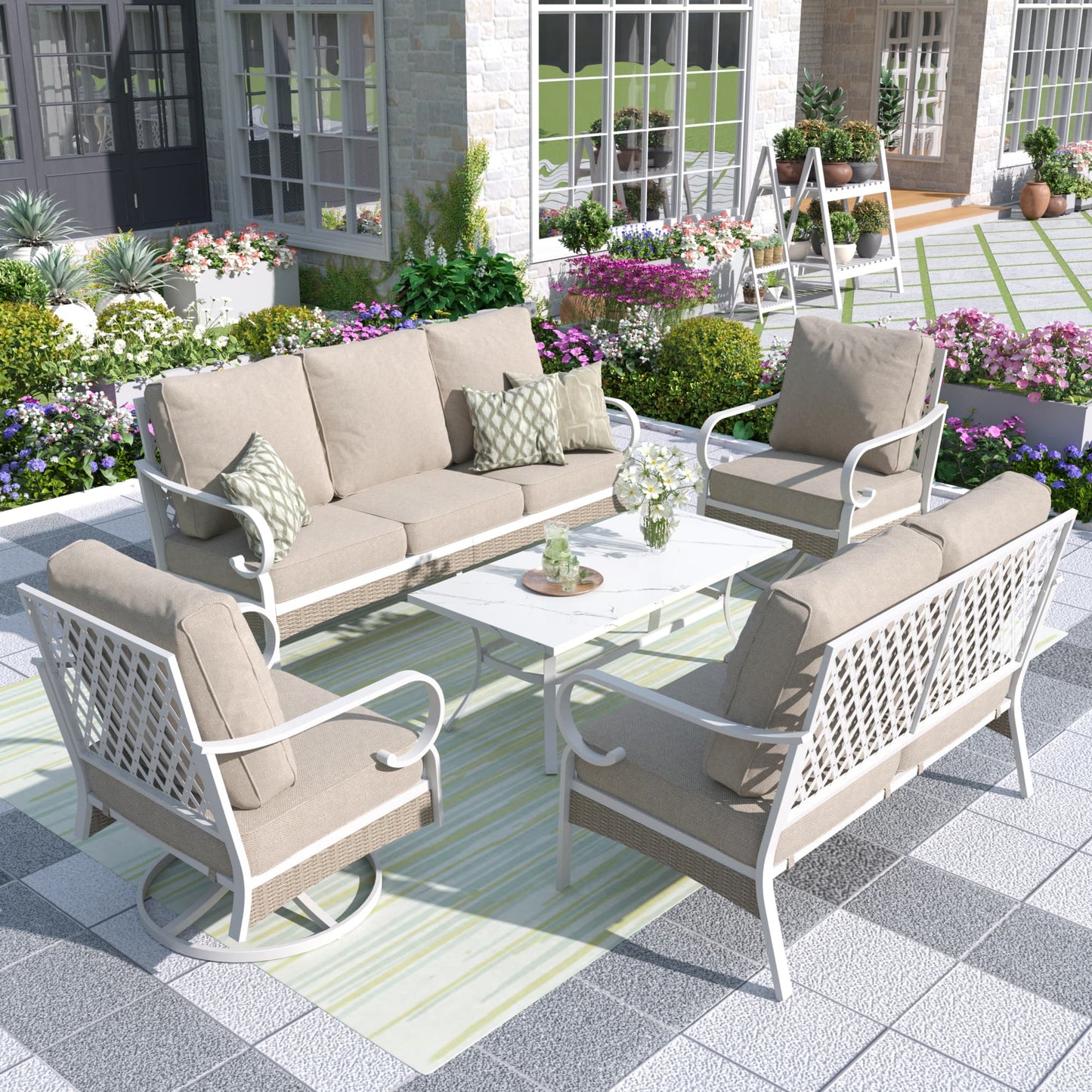 MF Studio 7-Seater Patio Conversation Set Metal Outdoor Furniture with Swivel Chair Sofa Beige