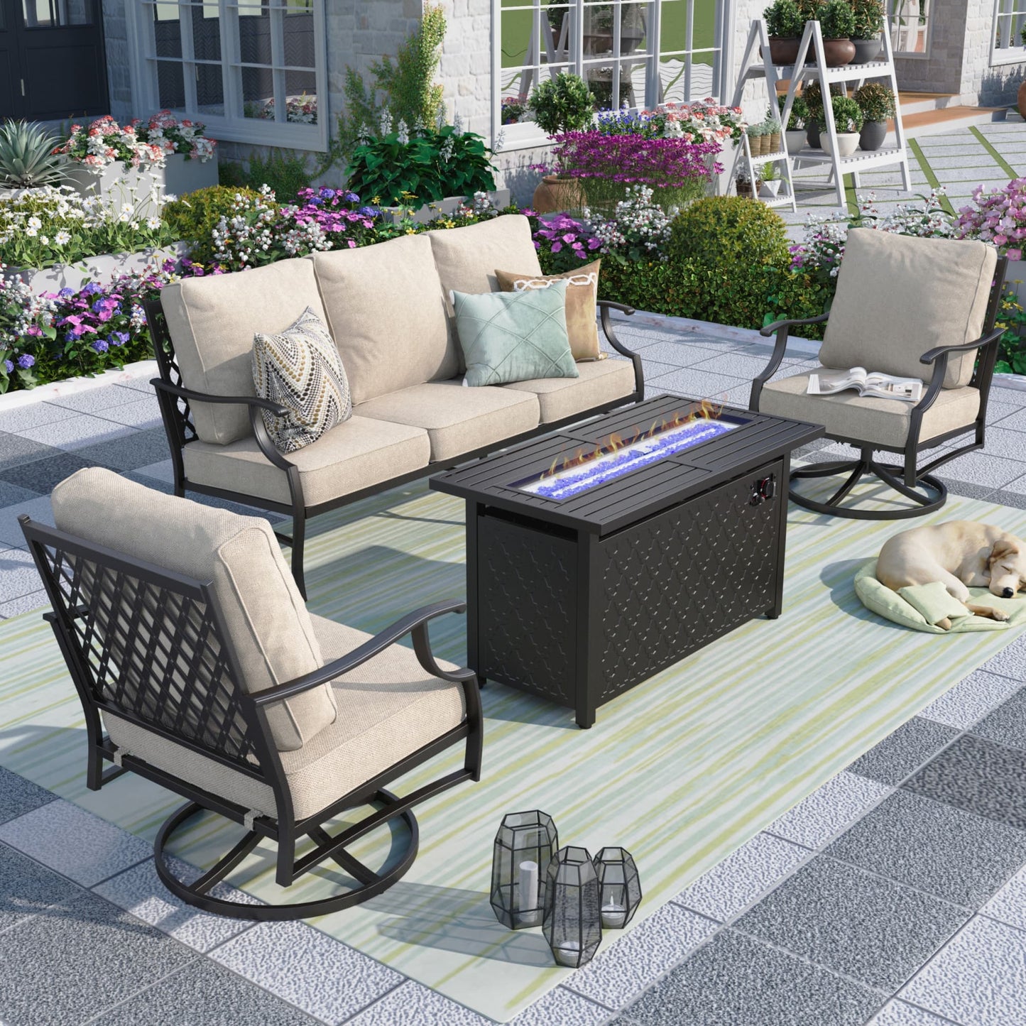 MF Studio 5 Seater Outdoor Furniture with Fire Pit Metal Patio Conversation Set with Swivel Chair Sofa Beige