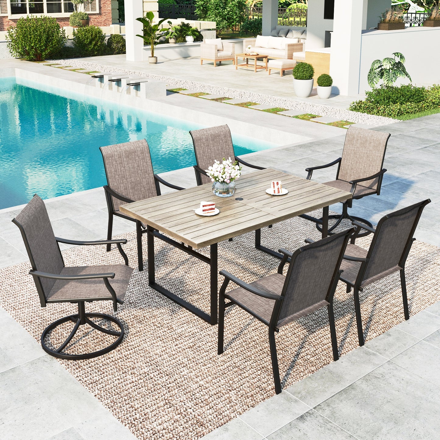 Summit Living 7-Piece Outdoor Patio Textilene Dining Set with 2 Swivel Chairs, 4 Fixed Chairs & Wood-Grain Top Table with U-Shaped Leg for 6 People, Umbrella Support