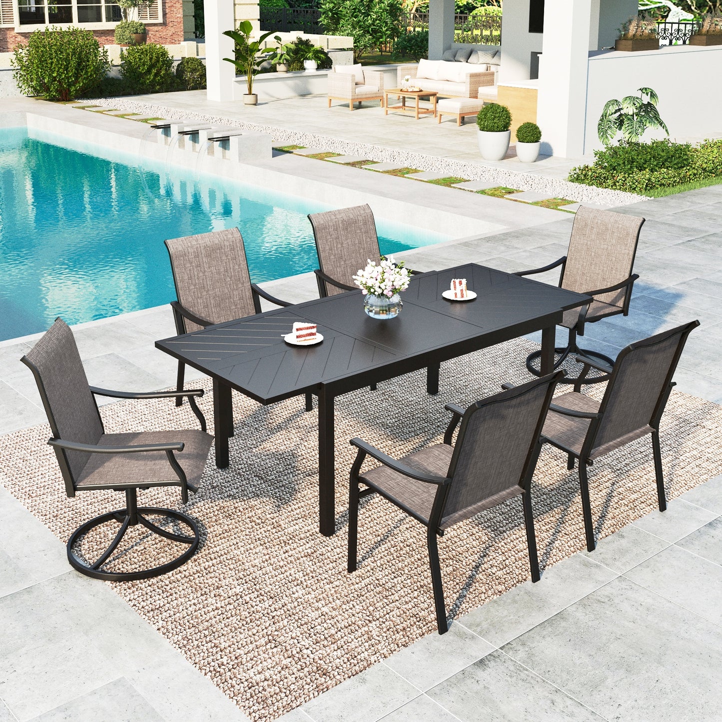 Summit Living 7-Piece Textilene Outdoor Patio Dining Set with 2 Swivel Chairs, 4 Fixed Chairs & Steel Argyle Pattern Extendable Table for 6-8 Person, Black & Grayish-brown