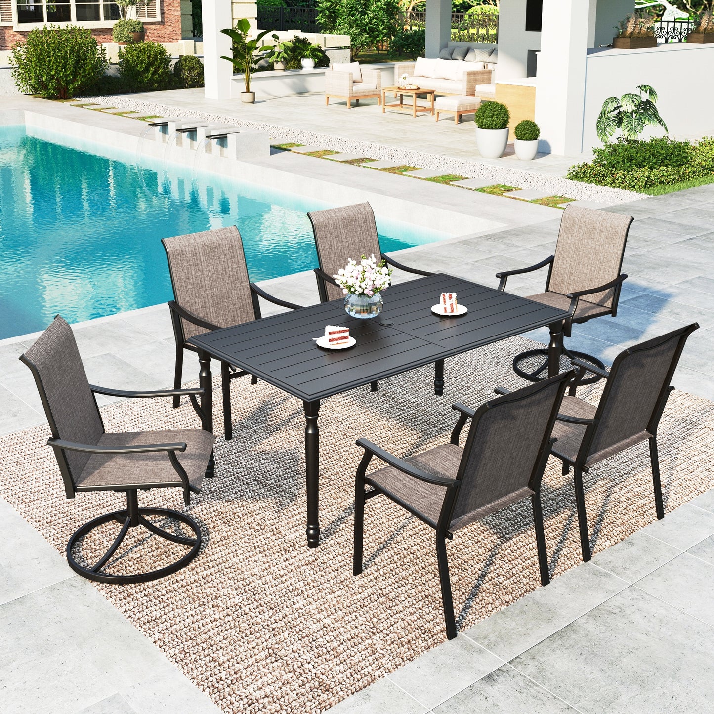 Summit Living 7-Piece Outdoor Patio Textilene Dining Set with 2 Swivel Chairs, 4 Fixed Chairs & Rectangular Table with Umbrella Hole, Patio Set for 6 People