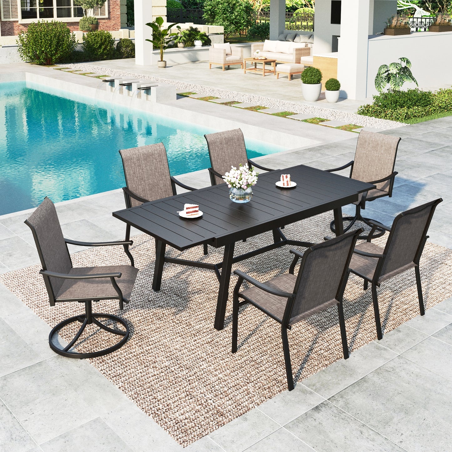 Summit Living 7-Piece Textilene Outdoor Patio Dining Set with 2 Swivel Chairs, 4 Fixed Chairs & Steel Slatted Extendable Table for 6-8 Person, Black & Grayish-brown