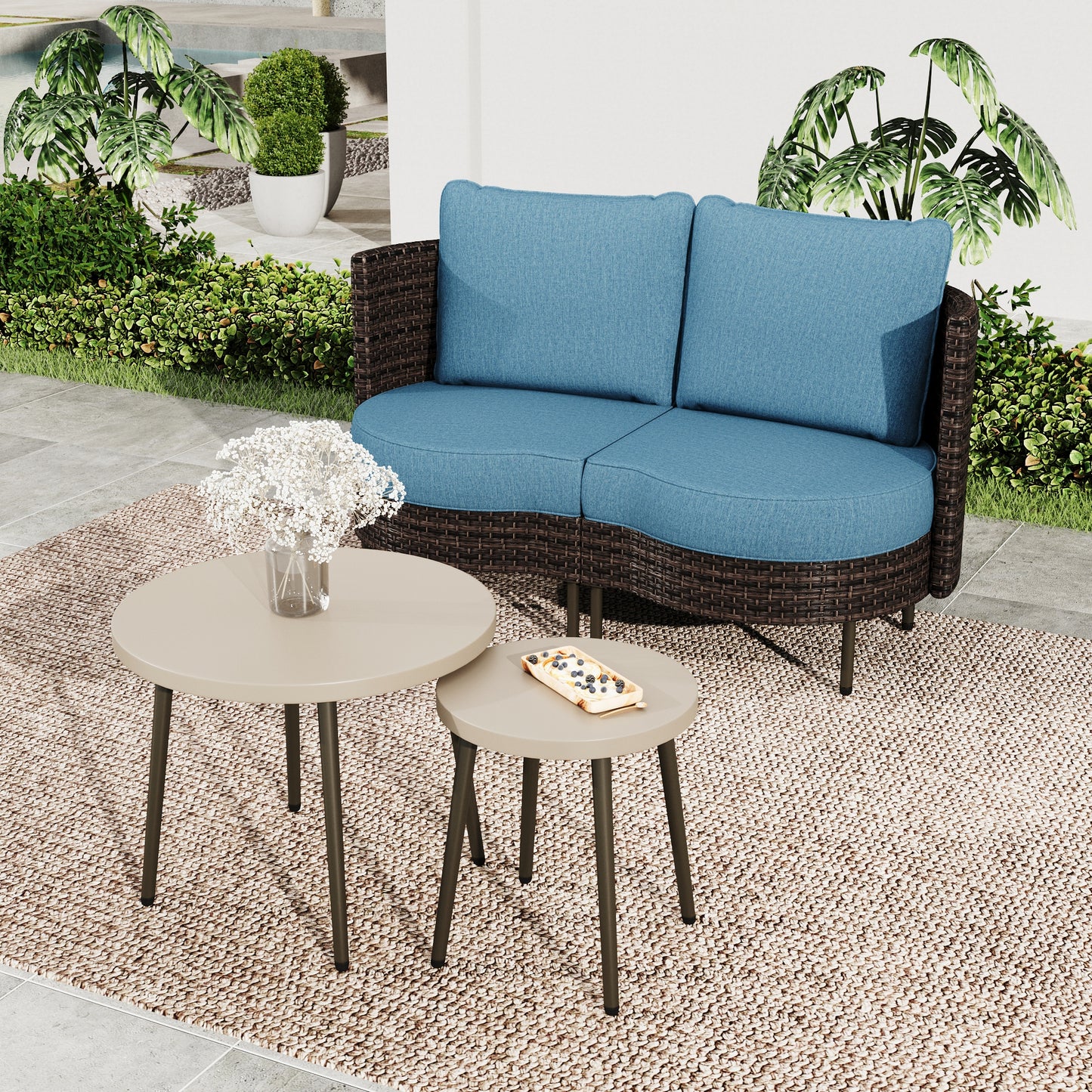 SUMMIT LIVING 2-Seat Wicker Patio Loveseat Sofa with Cushions and Pillows & 2 Stackable Metal Coffee Tables, Blue
