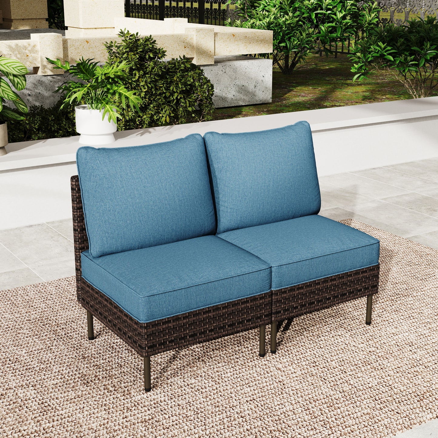 Summit-Living-2-Seat-Wicker-Outdoor-Patio-Loveseat-Sofa-with-Cushions-and-Pillows-for-Balcony-Porch-Deck-Garden-Blue
