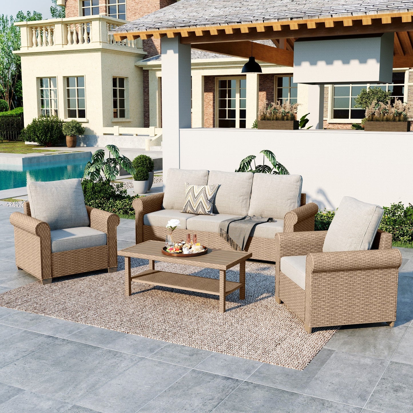Summit Living 4-Piece Wicker Patio Furniture Set, 5-Seat Rattan Outdoor Furniture Set, Patio Conversation Set with Double-Tier Coffee Table, Beige