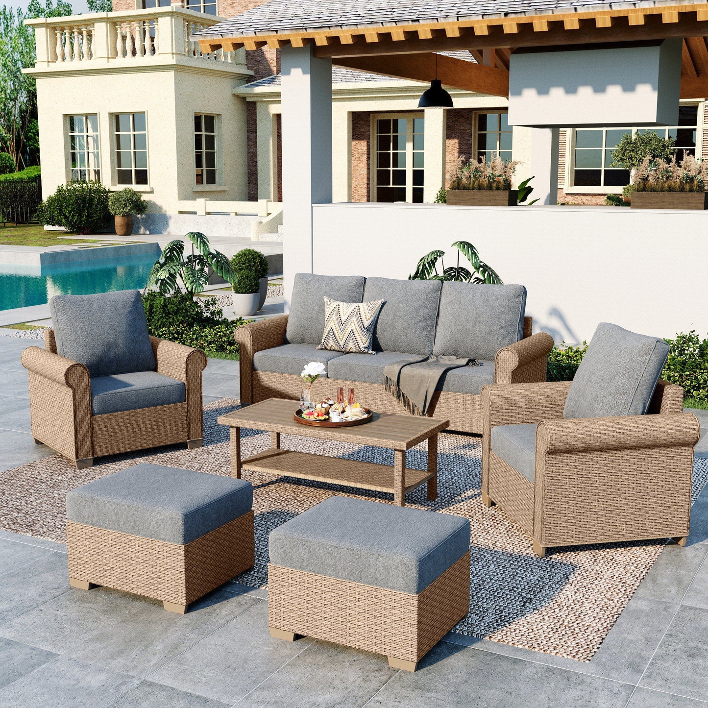 Summit Living 6-Piece Wicker Outdoor Conversation Set, 7-Seat Rattan Patio Furniture Set with 2 Ottomans and Double-Tier Coffee Table, Gray
