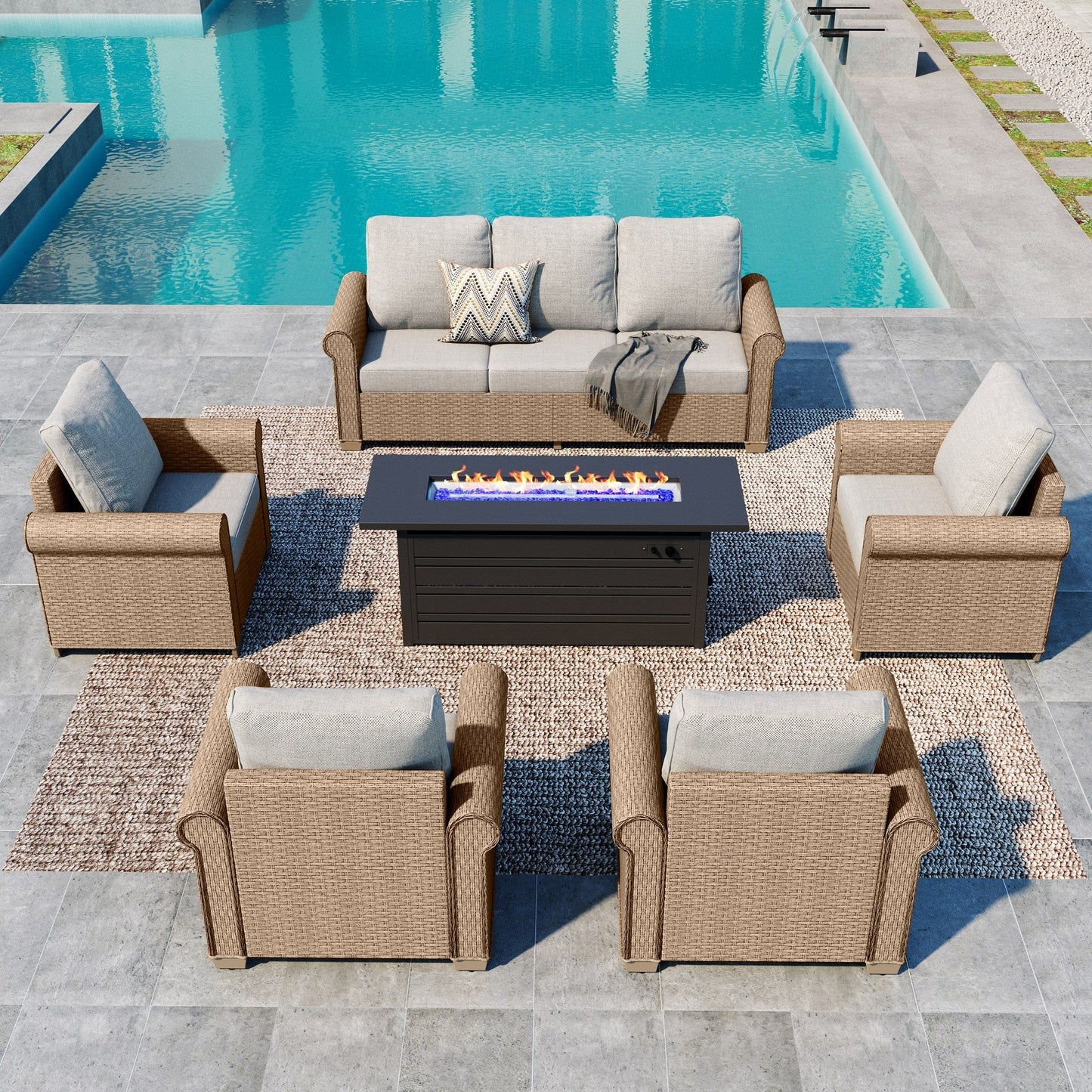 Summit Living 6-Piece Wicker Outdoor Conversation Set with 56'' Rectangle Fire Pit Table, 7-Seat Rattan Outdoor Furniture Set, Patio Sofa Set, Beige and Black