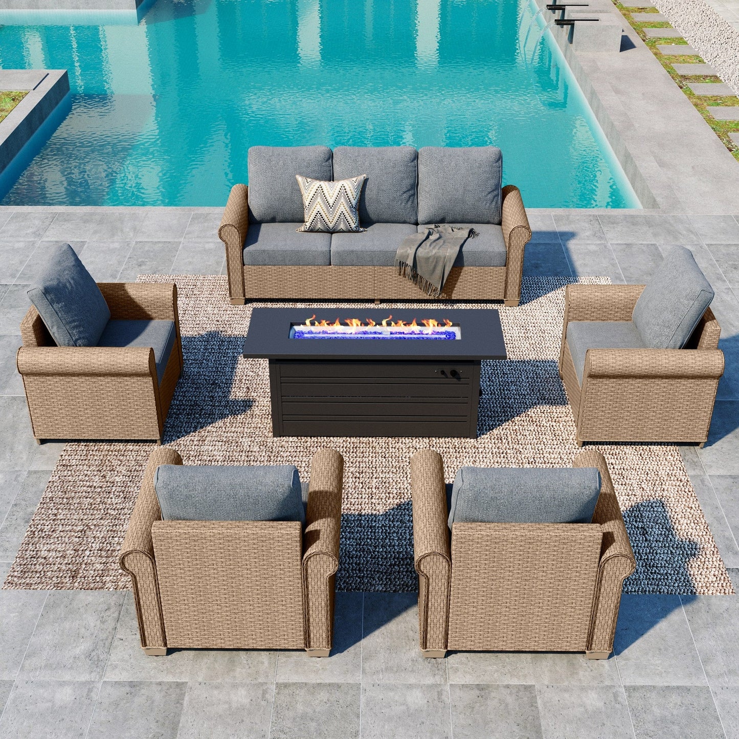 Summit Living 6-Piece Wicker Outdoor Conversation Set with 56'' Rectangle Fire Pit Table, 7-Seat Rattan Outdoor Furniture Set, Patio Sofa Set, Gray and Black
