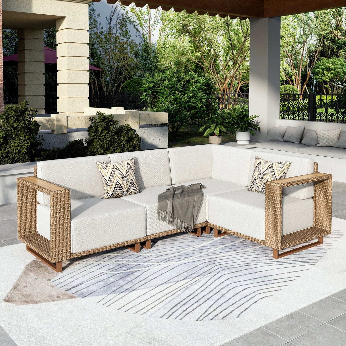 Summit Living 3-Piece Outdoor Furniture Set for 4, Wicker Patio Conversation Set, L Shaped Outdoor Sectional Sofa with Thick Cushions, Beige