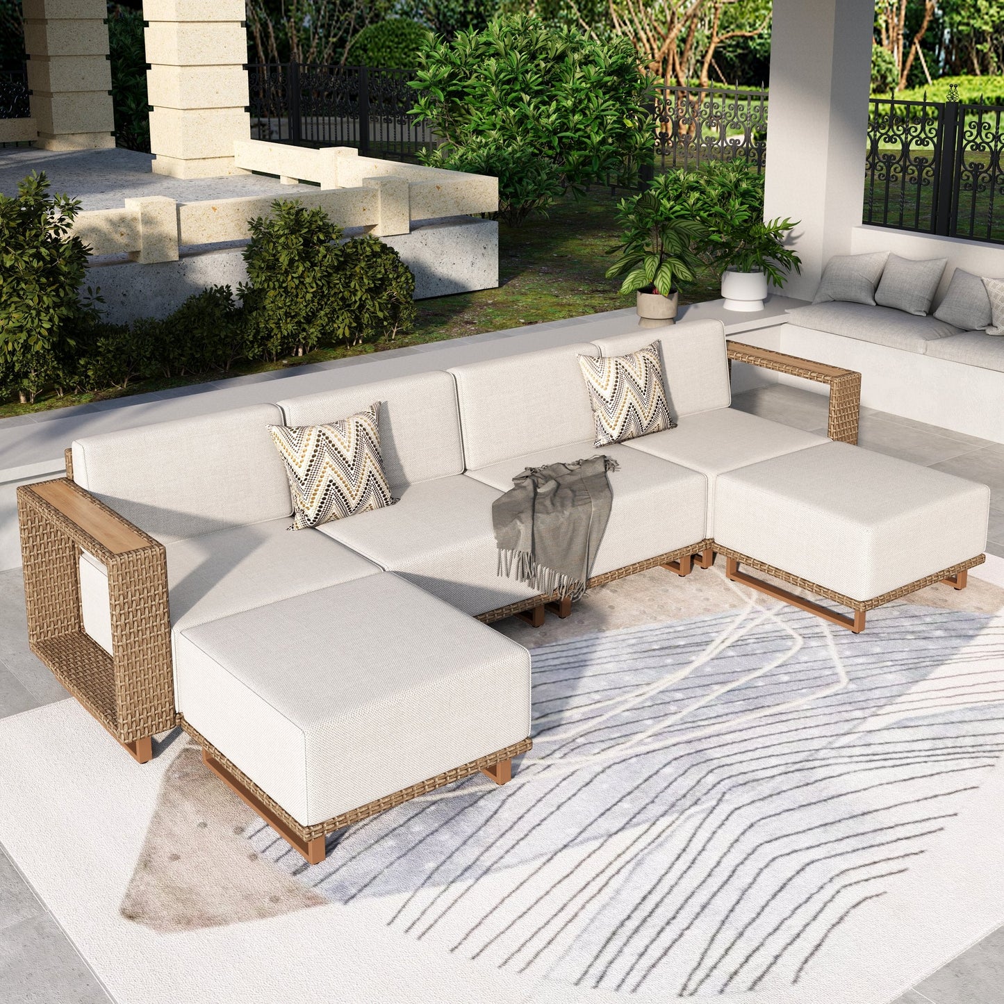 Summit Living 5-Piece Patio Furniture Set, Wicker Outdoor Conversation Set with 2 Ottomans, Outdoor Sectional Sofa with Thick Cushions, Beige