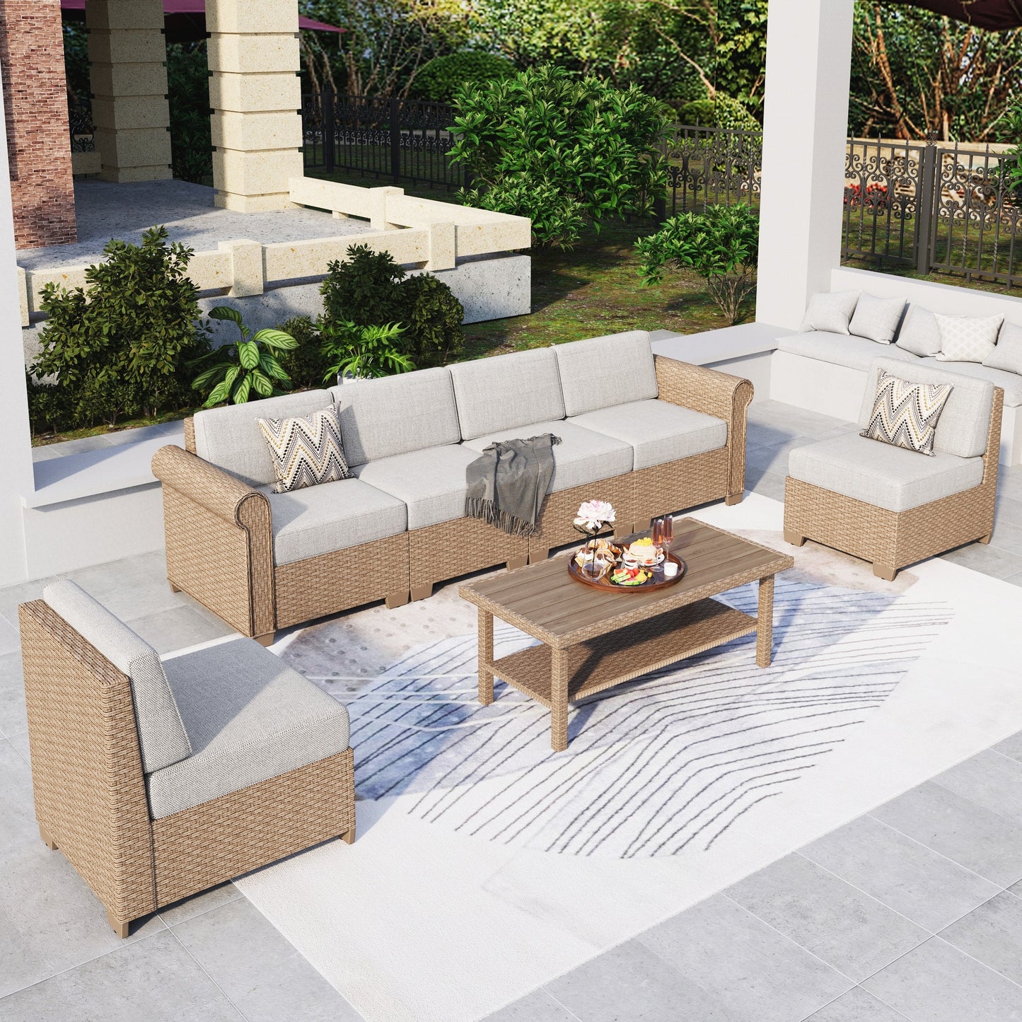 Summit Living 7-Piece Rattan Outdoor Patio Conversation Set with Modular Sofa, Wicker Outdoor Sectional Sofa Set with Faux Wood Coffee Table for 6 People, Beige
