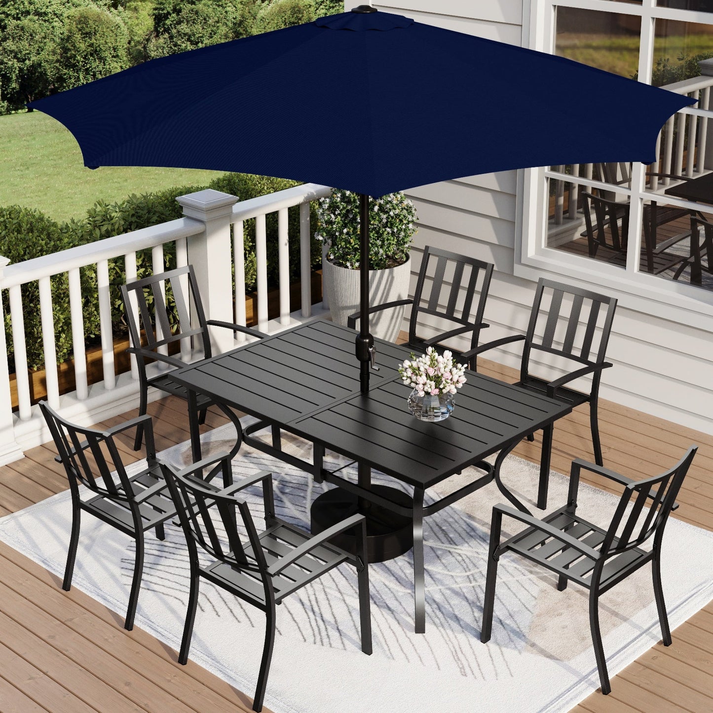 MF Studio 8-Piece Outdoor Patio Dining Set with 9 ft Umbrella, Stacking Chairs & 6-Person Table, Black & Navy Blue