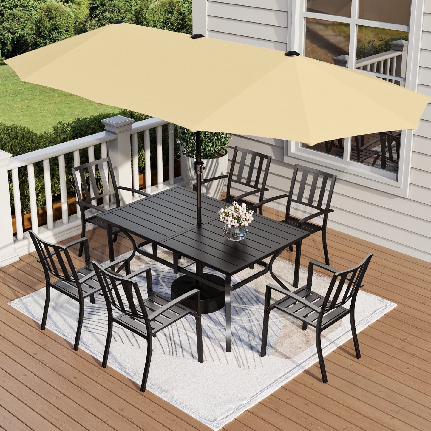 MF Studio 8-Piece Outdoor Patio Dining Set with 13 ft Double Sided Umbrella, Stacking Chairs & 6-Person Table, Black & Beige